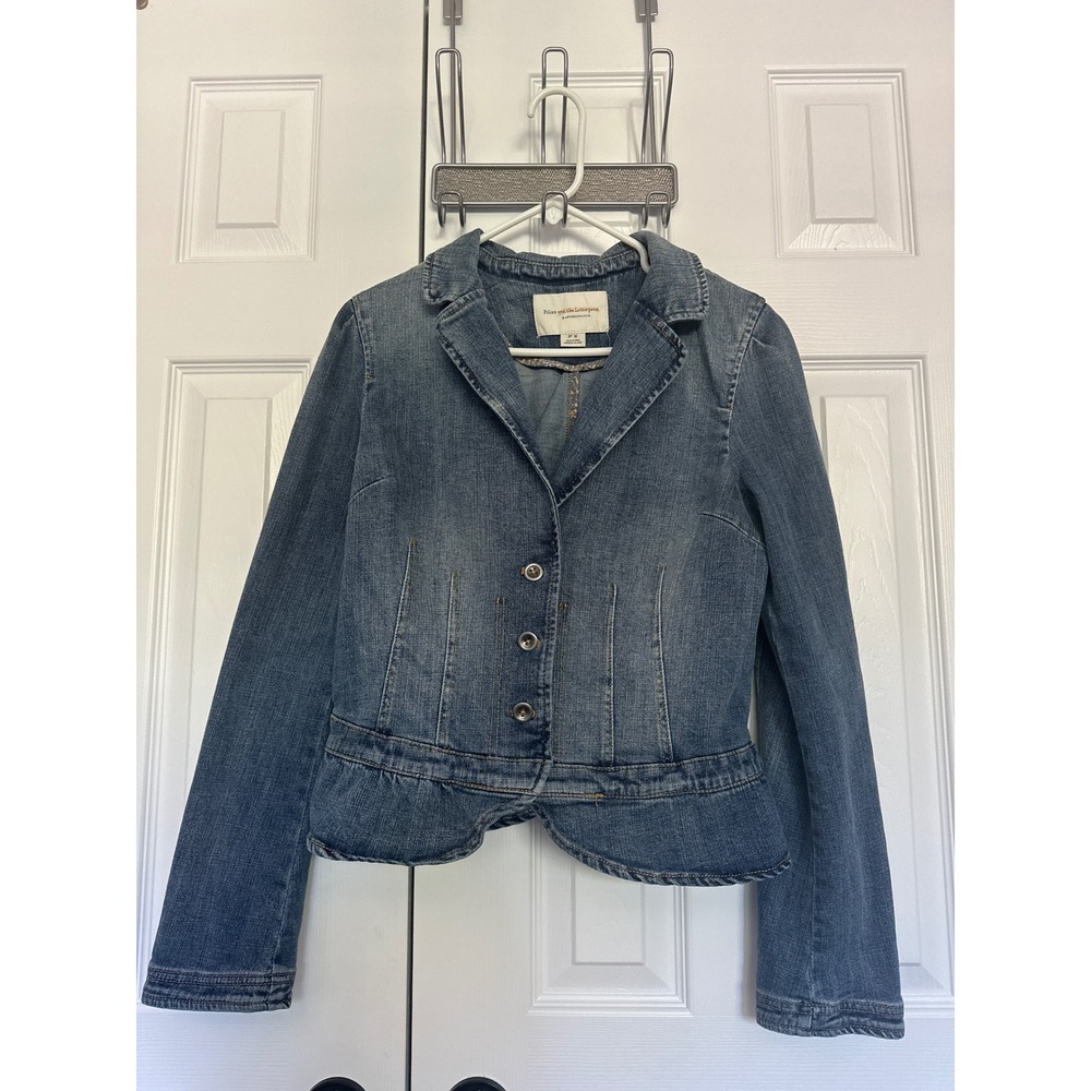 Pilcro Anthropologie Denim Blazer Jacket Medium Wash Peplum Puff Sleeve Size M